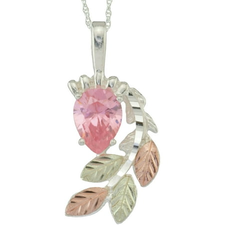 Black Hills Gold Pear-Shaped Pink CZ Sterling Silver 12kt Gold Leaf Accented Pendant, 18