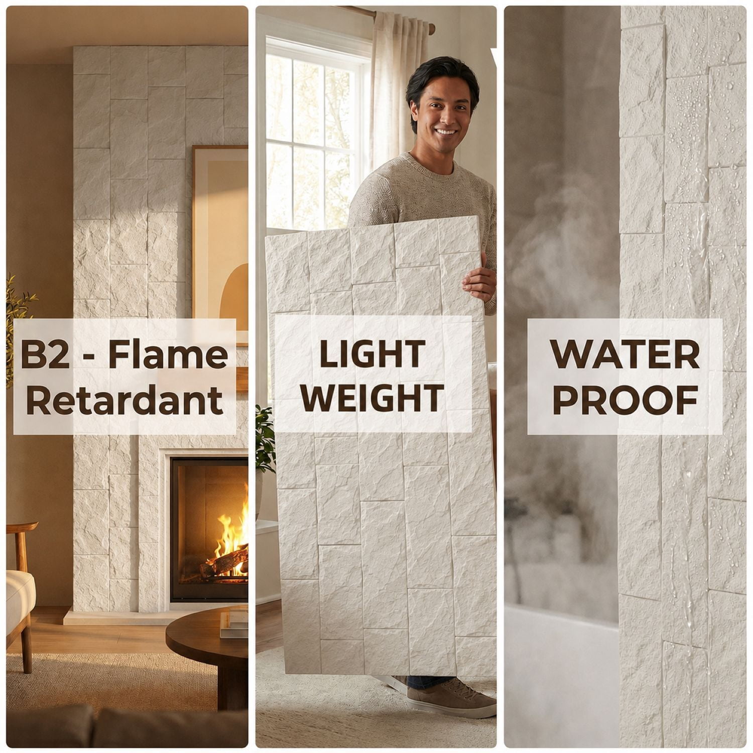 Easy4Home 4Pcs 48"x24" 3D Faux Stone Wall Panels Imitation Decorative Wall Tiles for Interior Wall Decor, Ivory White