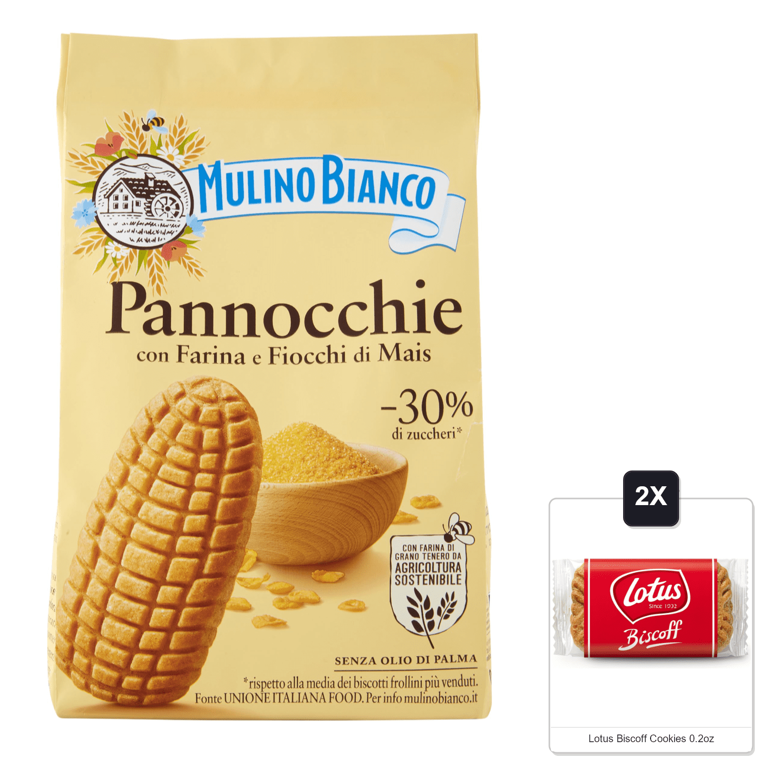 Pannocchie 350Gr Bag - Mulino Bianco & 2x Lotus Biscoff Cookies 0.2oz