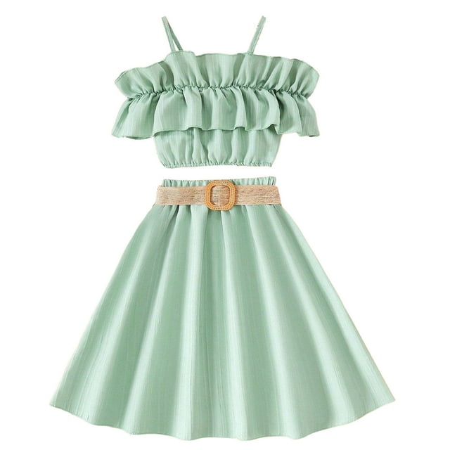 PMVFHDE Two Piece Pant Sets for Girl Fall Toddler Girls Summer Sleeveless Solid Color Ruffles Tops Skirt With Belt 3PCS Outfits Clothes Set For Children Clothes Green,8-9 Years