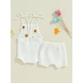 thumbnail image 3 of Suealasg Baby Girl Summer Outfits Daisy/Strawberry Embroidery Sleeveless Tie-Up Spaghetti Strap Knit Romper Shorts 2Pcs Clothes Set, 3 of 7