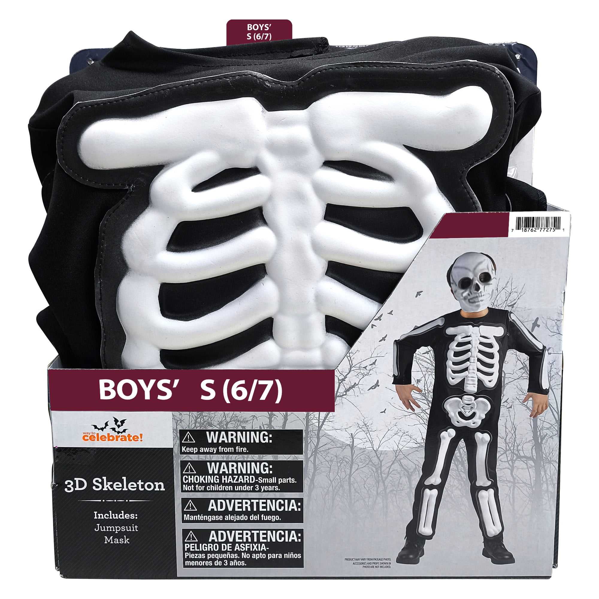 3D Skeleton Halloween Costume for Children, Boy's Size S (6/7), by way to Celebrate