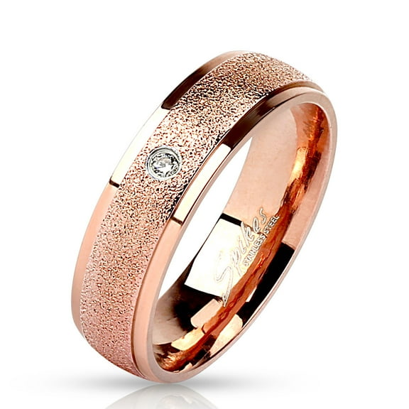 Sanded Center w/ Clear CZ Rose Gold IP Wedding Band Stainless Steel Ring (SIZE: 6)