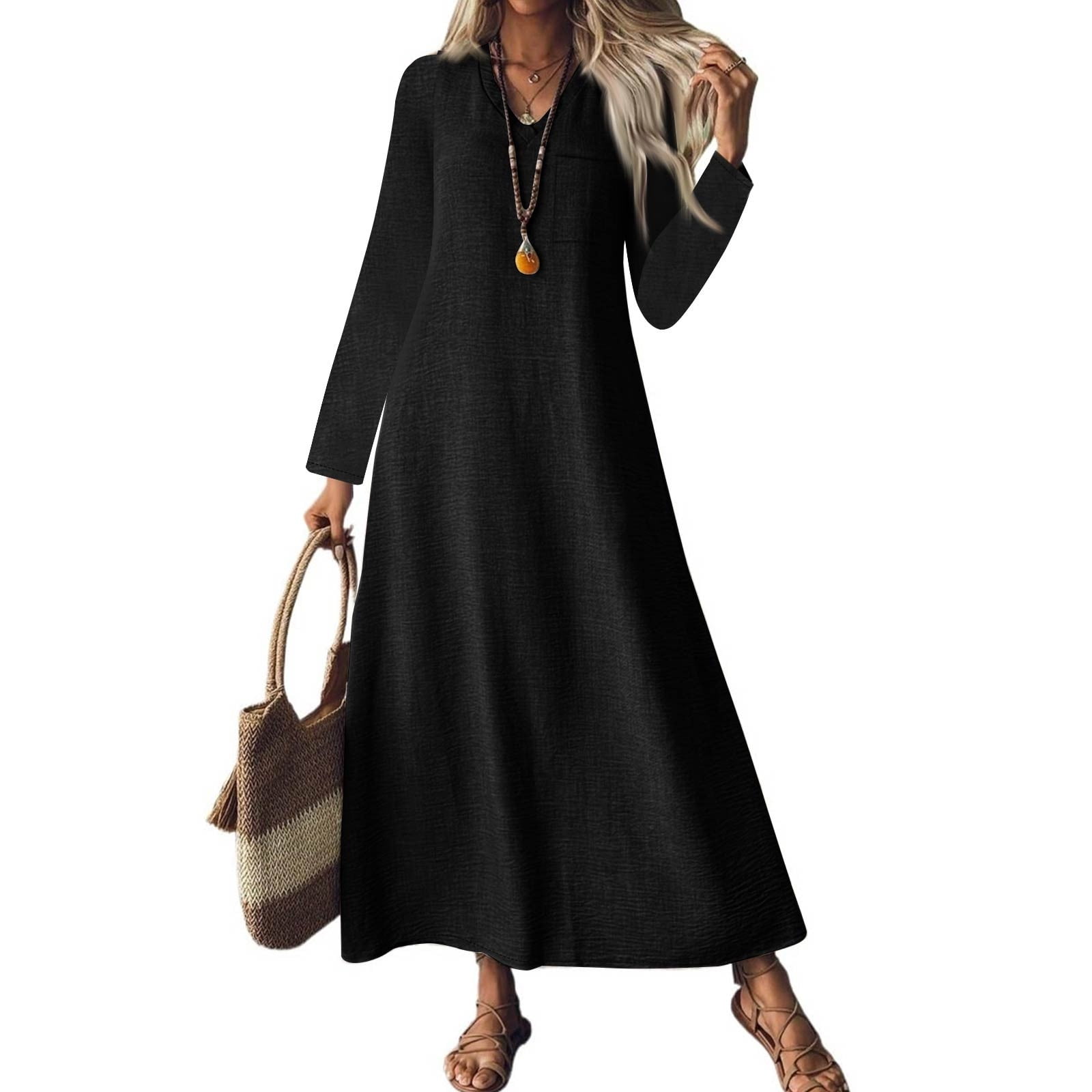 UVN Fall Long Dress for Women Crewneck Casual Long Sleeve Pleated Dresses  with Pockets - Walmart.com