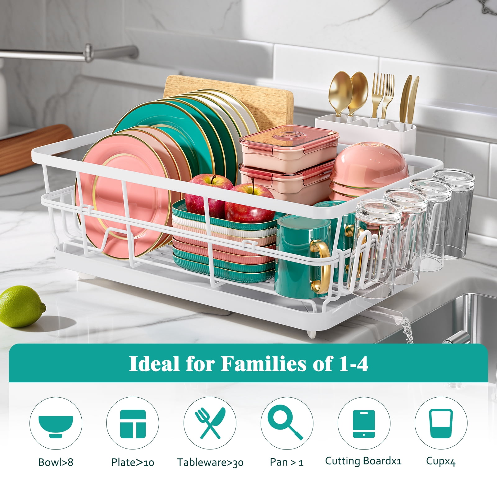 BEHERZT Large Dish Drying Racks with Drainboard,Countertop Dish Rack, Kitchen Sink Dish Rack,  Stainless Steel, White
