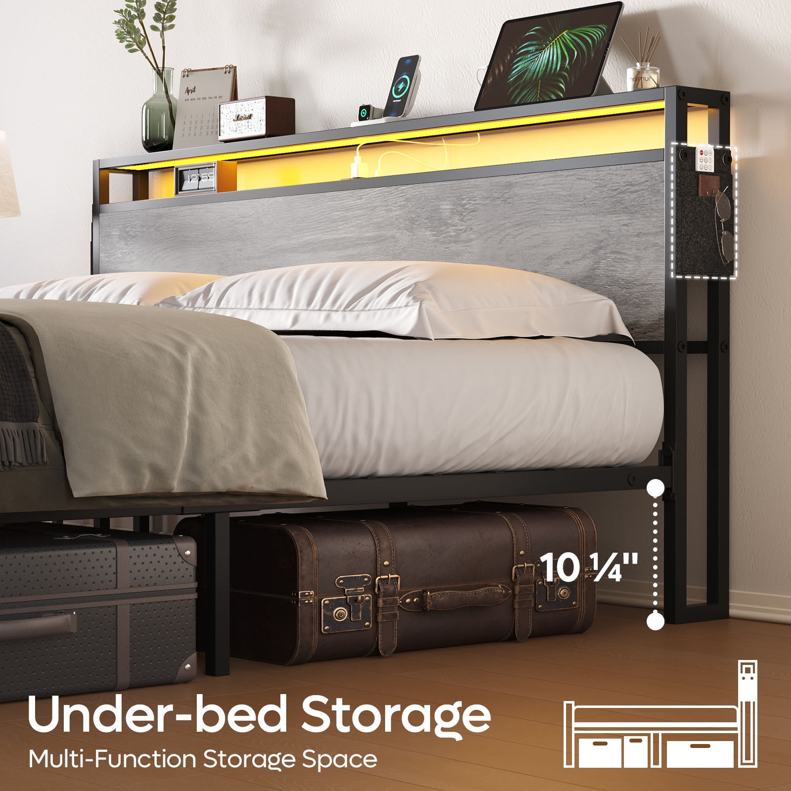 Bestier King Size Bed Frame with Charging Station and  2 USB Ports and Outlets,LED Light Storage Headboard,Noise Free Design,Grey