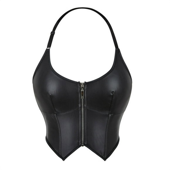 Xfvqtps Leather Halter Corsets for Women Front Zipper Boned Overbust Corset Bustier Shapewear Black