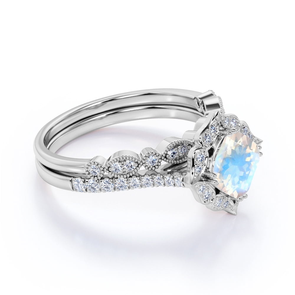 JeenMata 1.5 carat Princess Faceted Rainbow Moonstone and Moissanite V Shank Bridal Ring Set in 18k White Gold over Silver