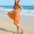 thumbnail image 4 of Einccm Girls 3-Piece Swimsuit Set Long Sleeve Conservative Surf Suit with Hawaiian Print and Contrast Stripe Design, Includes Swim Cap for Kids 0-13 Years, for Summer Activities, 4 of 6