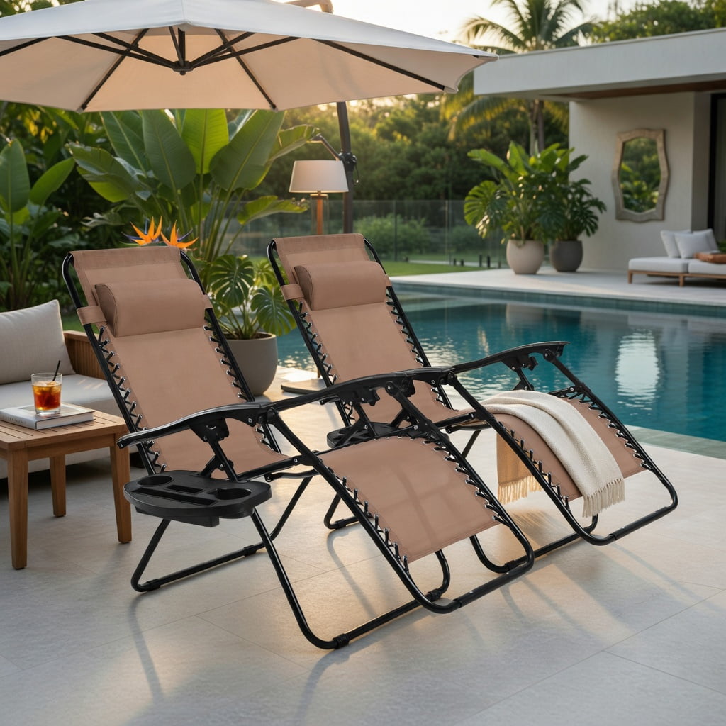 Hommoo 2-Pack Foldable Zero Gravity Lounge Chairs with Adjustable Headrest & Removable Tray, Brown