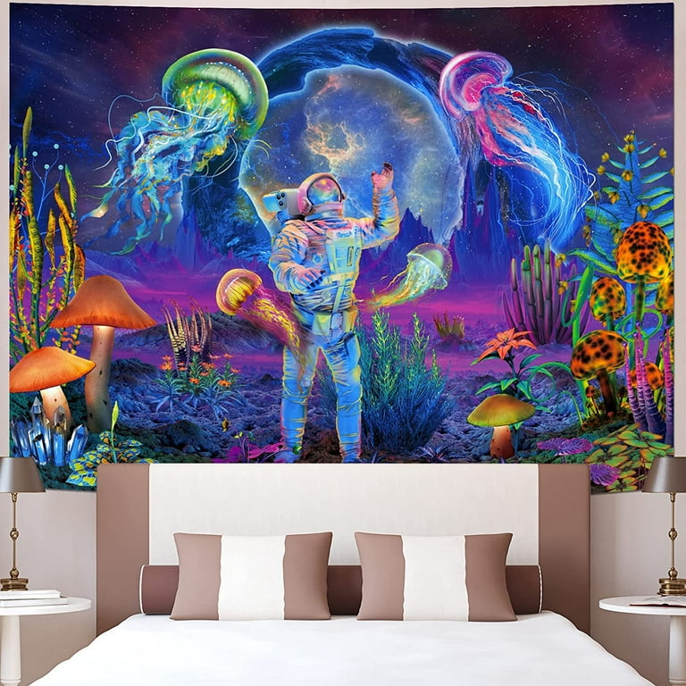 Minhin Blacklight Astronaut Tapestry UV Reactive Mushroom Jellyfish  Tapestries for Room,79* 59 