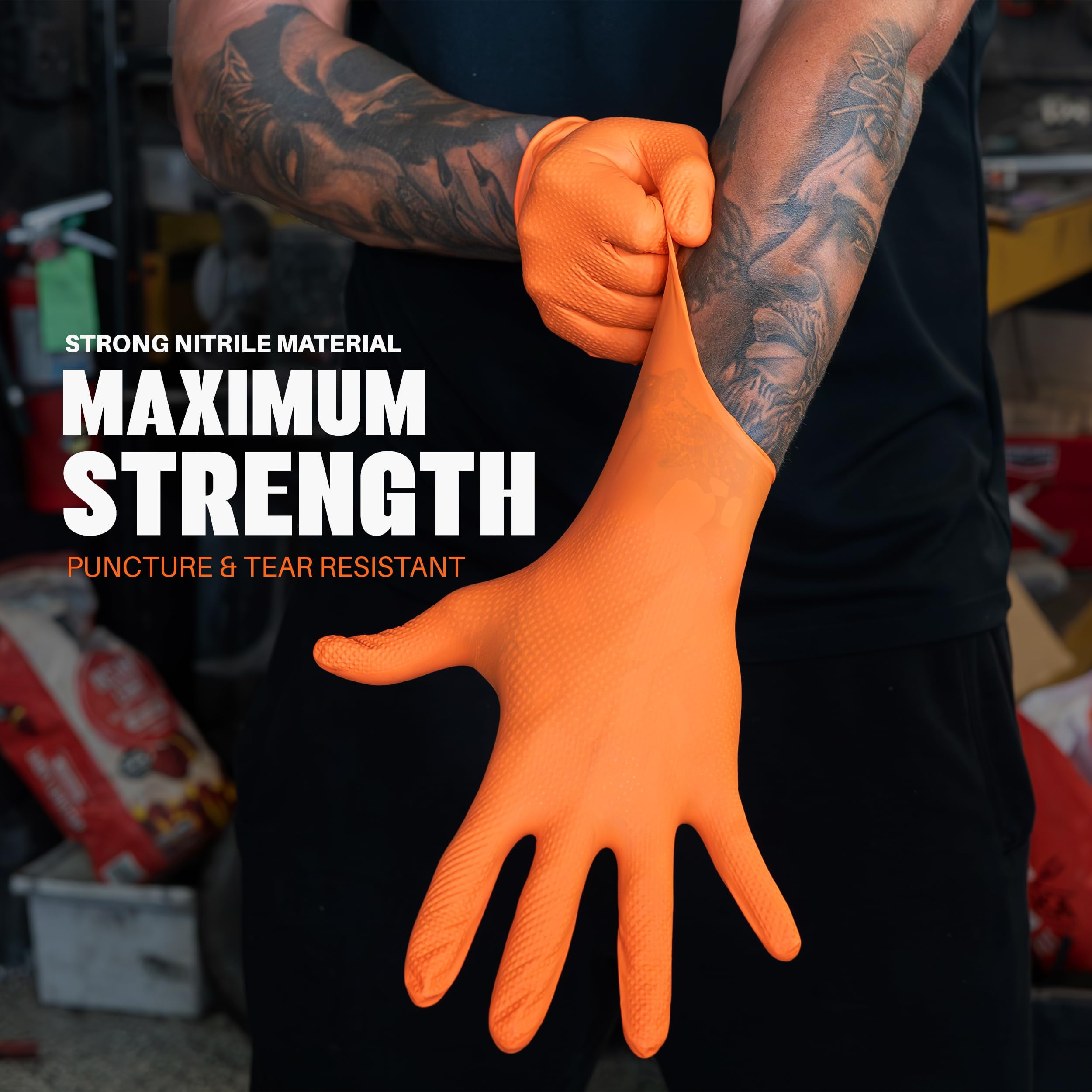 GRIPXX 3D Herkules Grip Orange Disposable Nitrile Gloves – 8-Mil Industrial, Latex-& Powder-Free Gloves - 200ct medium Orange gloves
