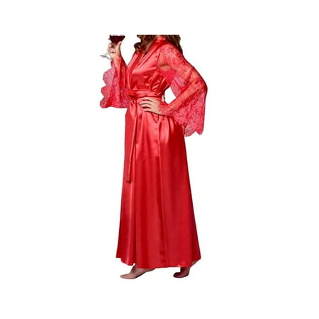 

Licupiee Womens Silk Satin Bathrobe Pajamas Sheer Lace Sleeve Deep V Robe Lingerie Sleepwear Nightwear