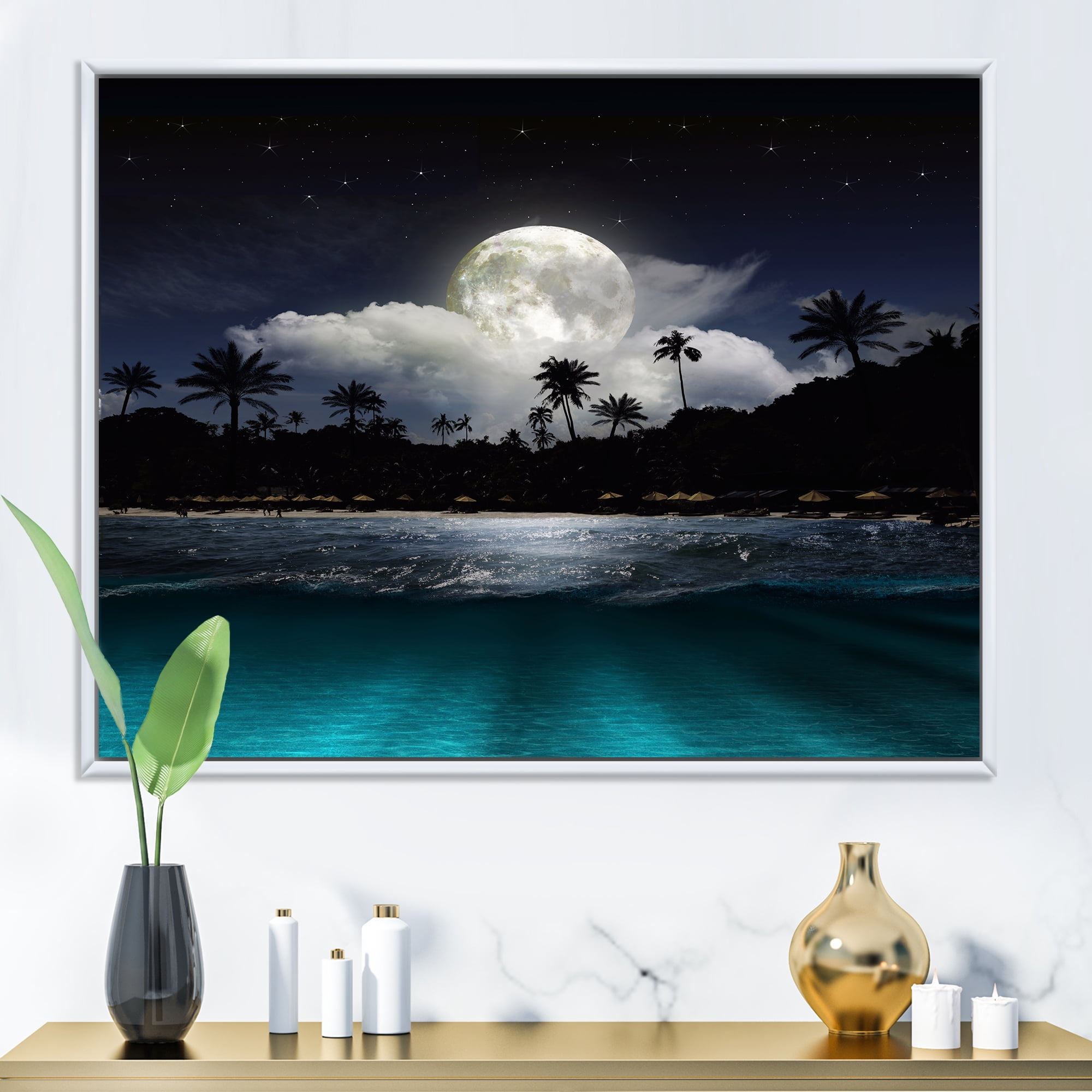 Designart 'Green Beach Under Tropical Full Moon' Modern Framed Canvas Wall Art Print