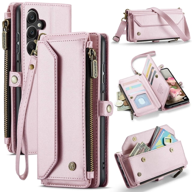 Funda tipo cartera para Samsung Galaxy A16 con bloqueo RFID, tarjetero, cremallera y ranura para billetes, correa de hombro magnética de piel sintética suave para Samsung Galaxy A16