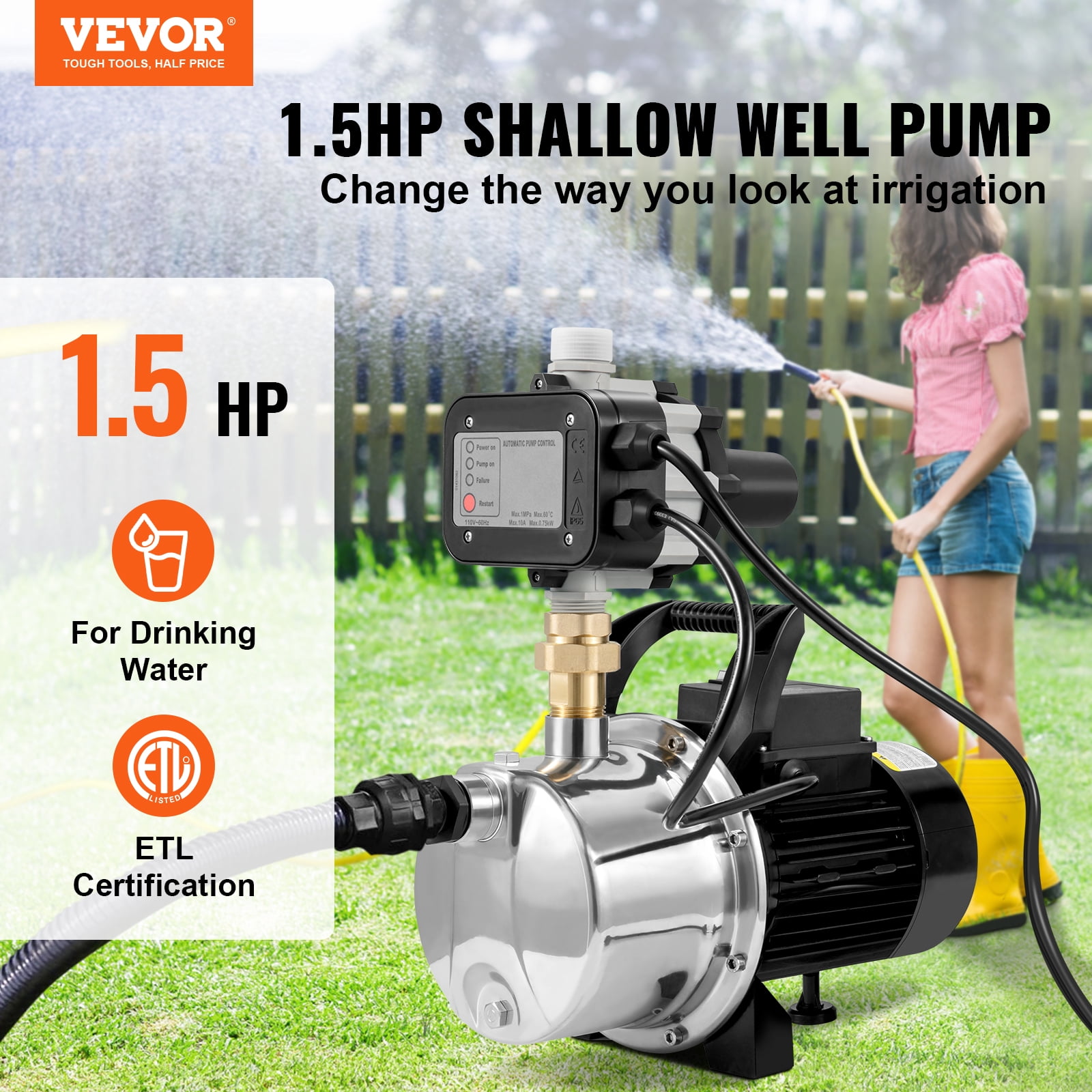 VEVORShallow Well Pump, 1.5 HP 115V, 1200 GPH 164 ft Head, Max 87 psi, Portable Stainless Steel Sprinkler Booster Jet Pumps with Automatic Controller for Garden Lawn Irrigation system, Water Transfer