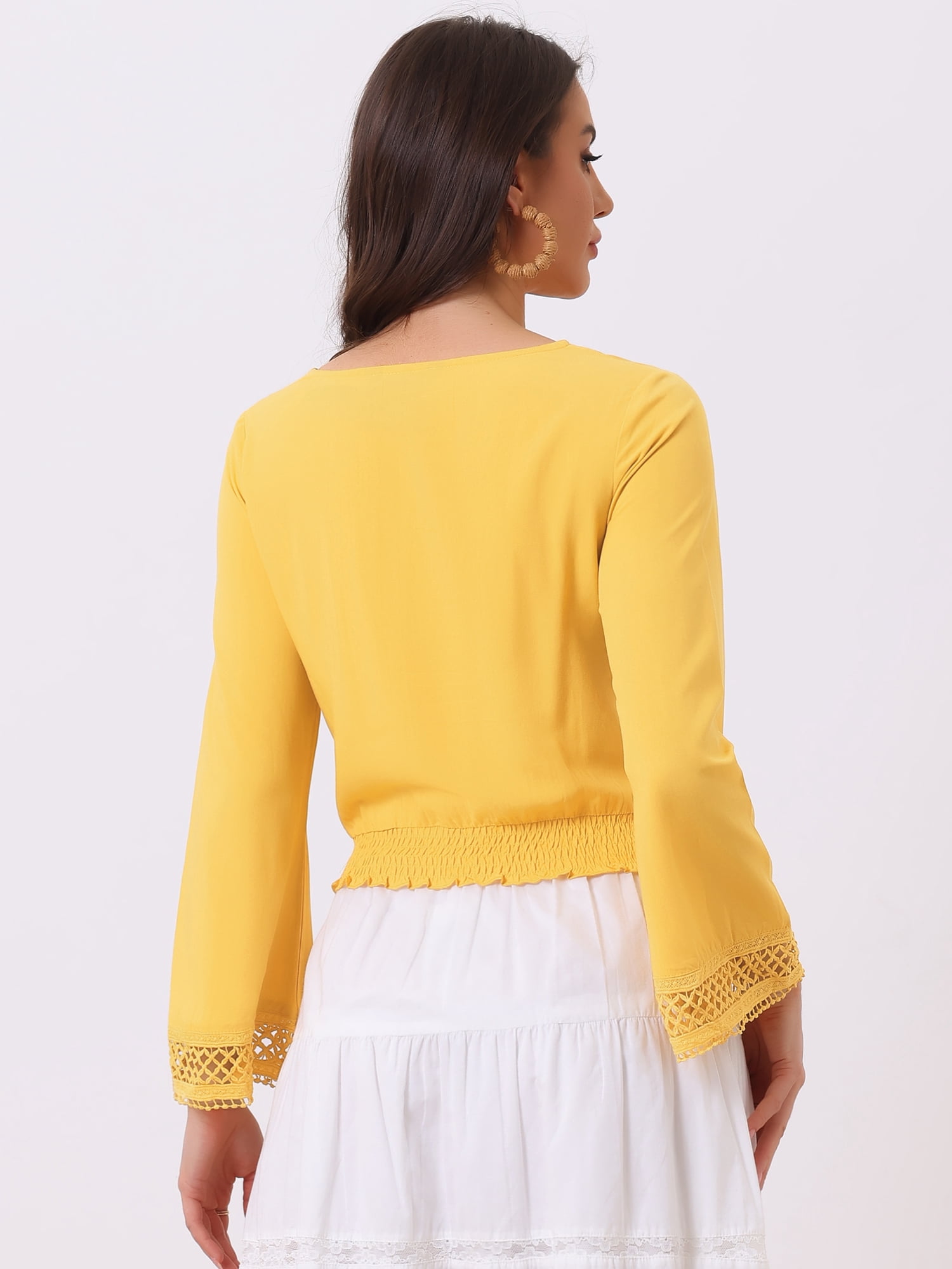 DARING DIVA Women's Lace Peasant Bell Sleeve Smocked Hem Cropped Boho Blouse M Yellow