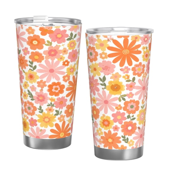 20oz Retro Floral Insulated Tumbler with Handle and Straw Cute Daisy Travel Coffee Cup Gift for Women with Single Silver Rim