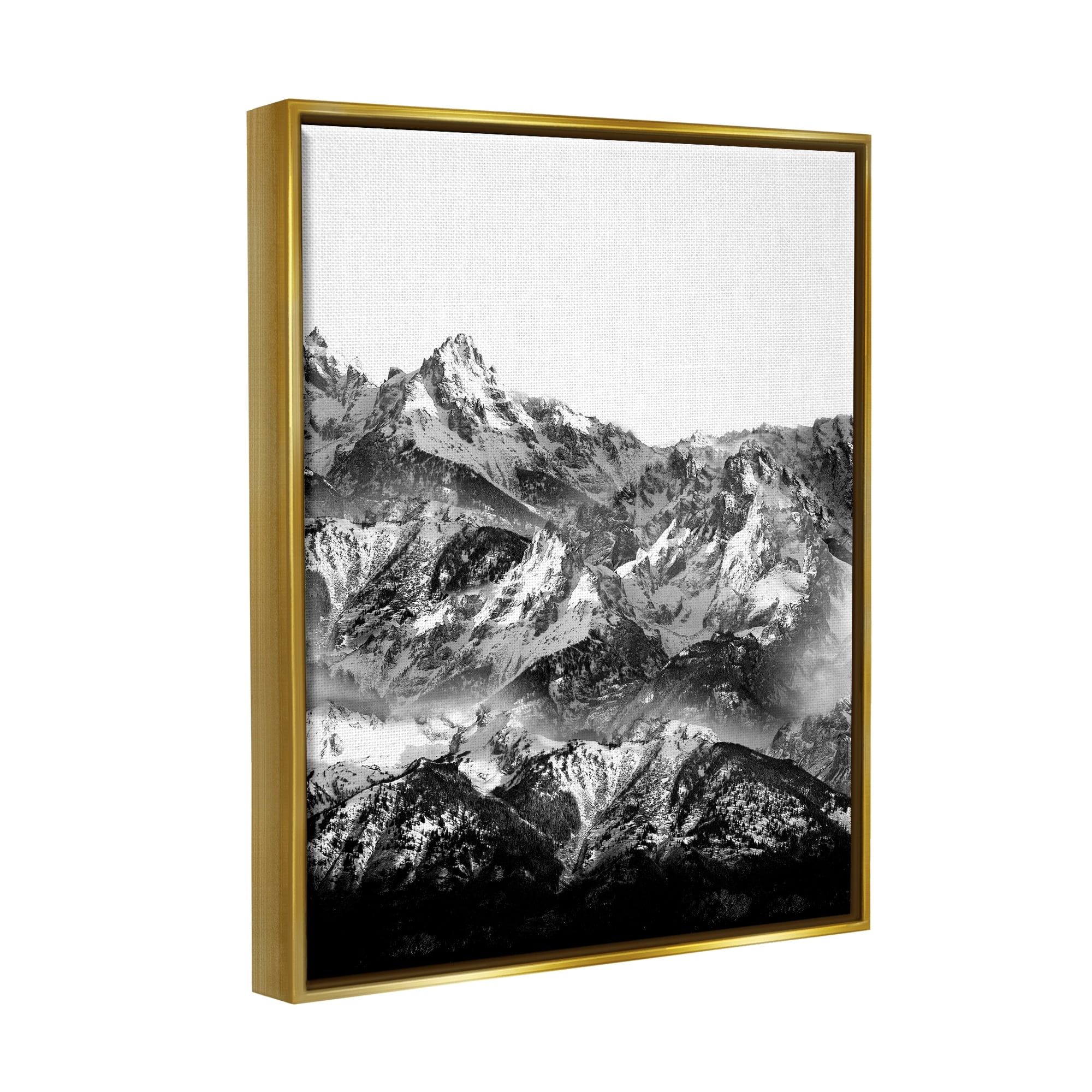 Stupell Industries Snow Cap Mountains High Contrast Black White Landscape Metallic Gold Framed Floating Canvas Wall Art, 24x30, by Shelley Lake