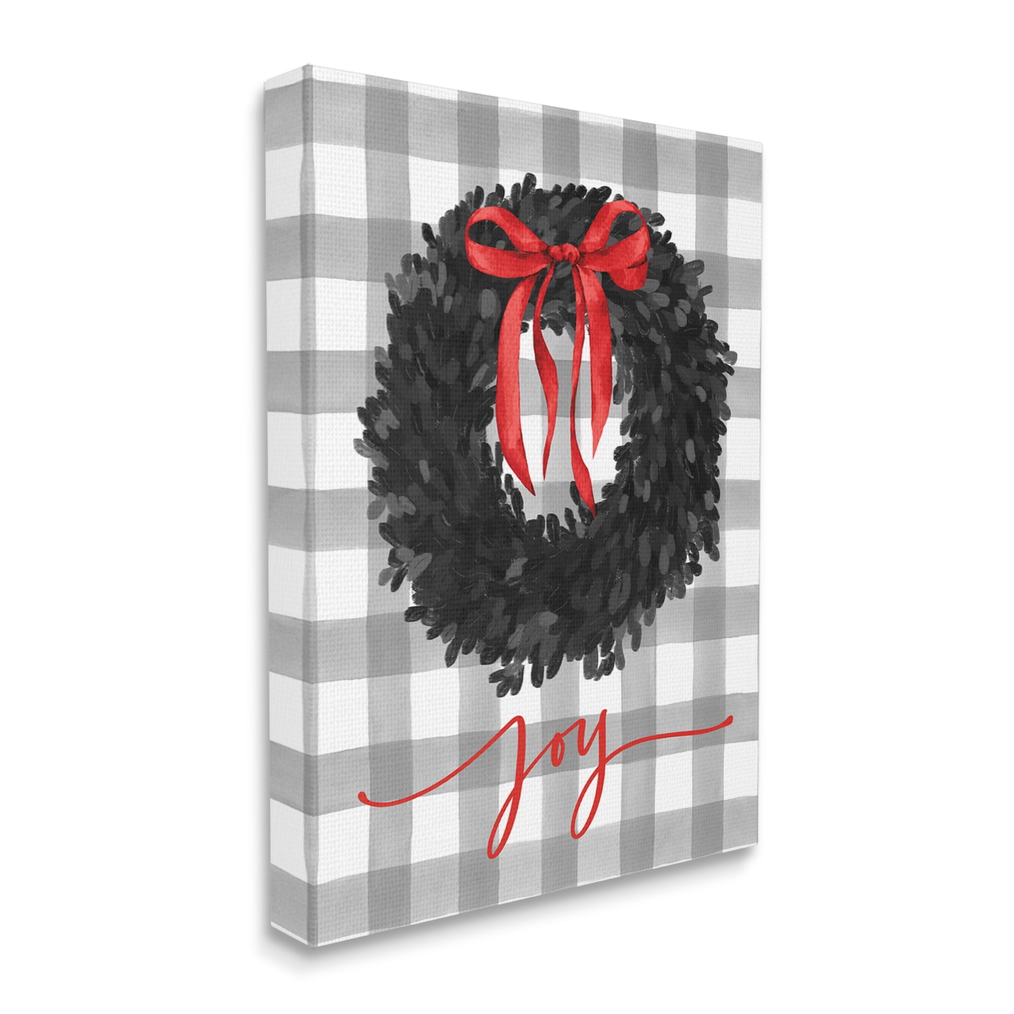 Joy Calligraphy Holiday Wreath Plaid Red Bow Botanical & Floral Graphic Art Gallery-Wrapped Canvas Print Wall Art