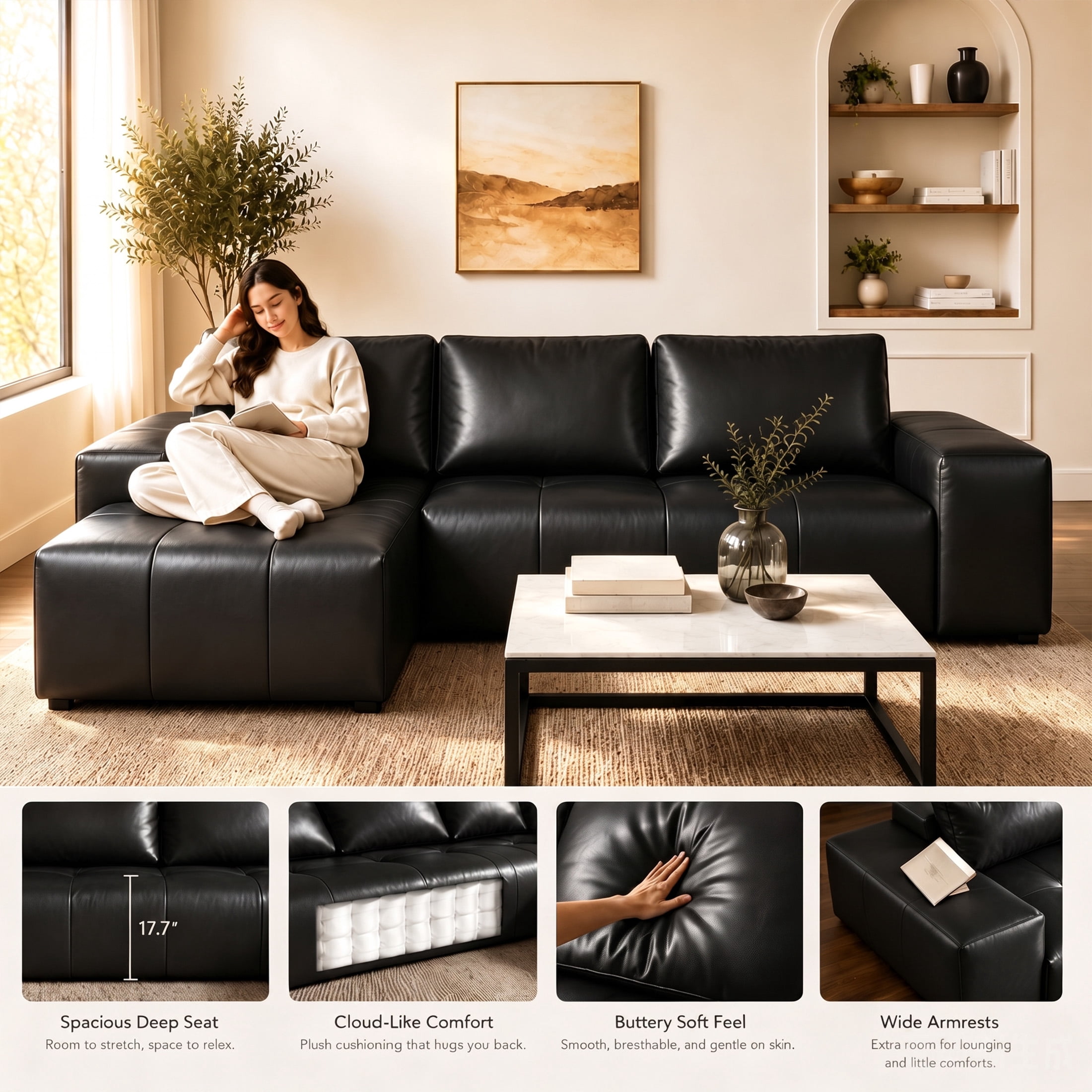 Aenkyo 114" Faux Leather L-Shaped Sectional Sofa with Left Hand Chaise, Boneless Modular Couch, Black