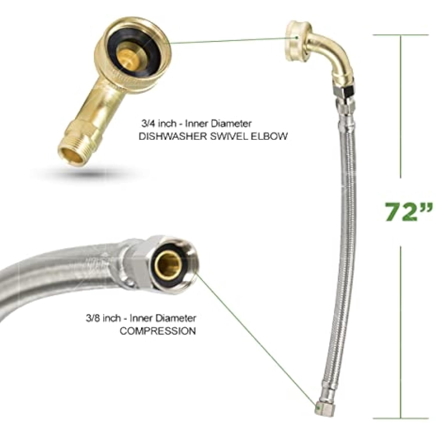 Highcraft 28772-NL Stainless Steel Dishwasher Supply Line with Swivel Elbow and with 3/8" x 3/4" Compression and Female Hose Thread Connect, 72"