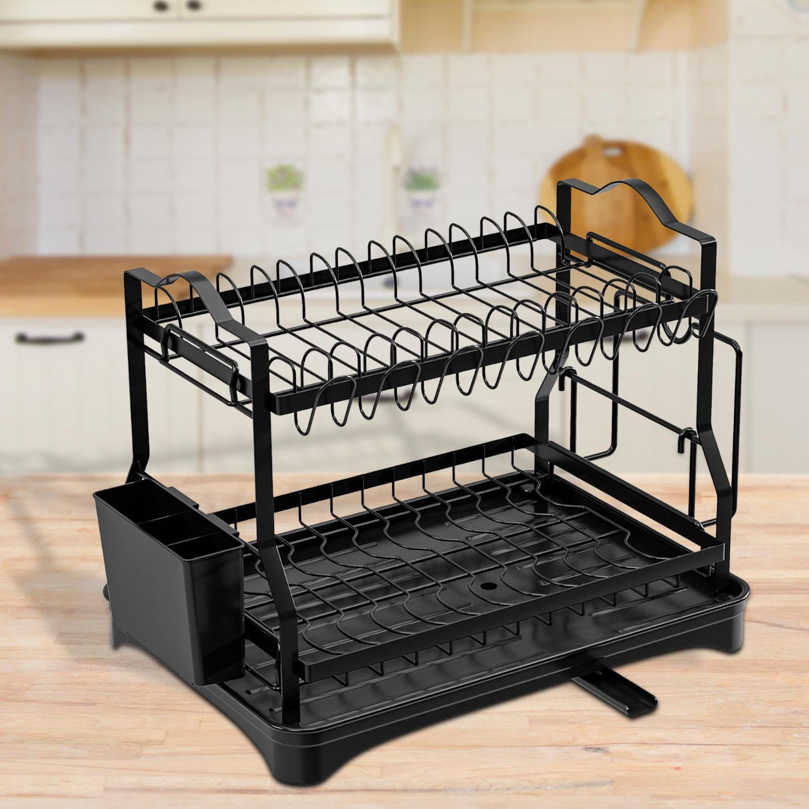 Fiocias 2 Tier Dish Drying Rack Cutting Board Holder with Utensil Holder Storage Kitchen