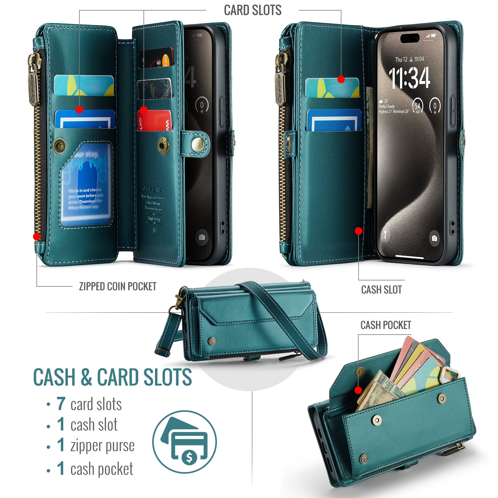 ShellTech Crossbody Wallet Women Men Case for iPhone 7/8/SE 2nd/3rd Gen,Magnetic Leather Flip Case RFID Blocking 7-Card Holder Zipper Wallet Cash Pocket Stand Cover with Shoulder Wrist Strap,Green