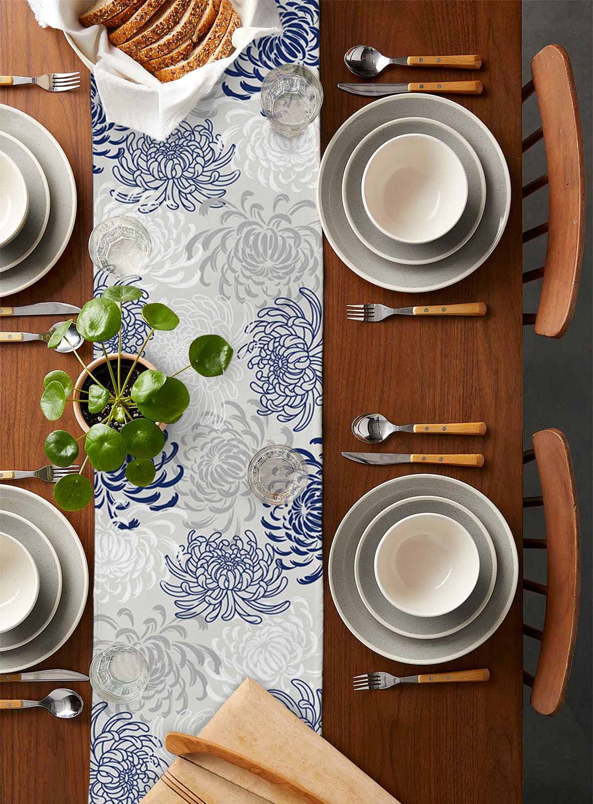 Table Runners 72 Inches Long Dress Scarves, Blue White Farmhouse Kitchen/Dining Table Runner, Coffee Tablerunners, Abstract Grey Chrysanthemum Flower Floral 13x72 Inch
