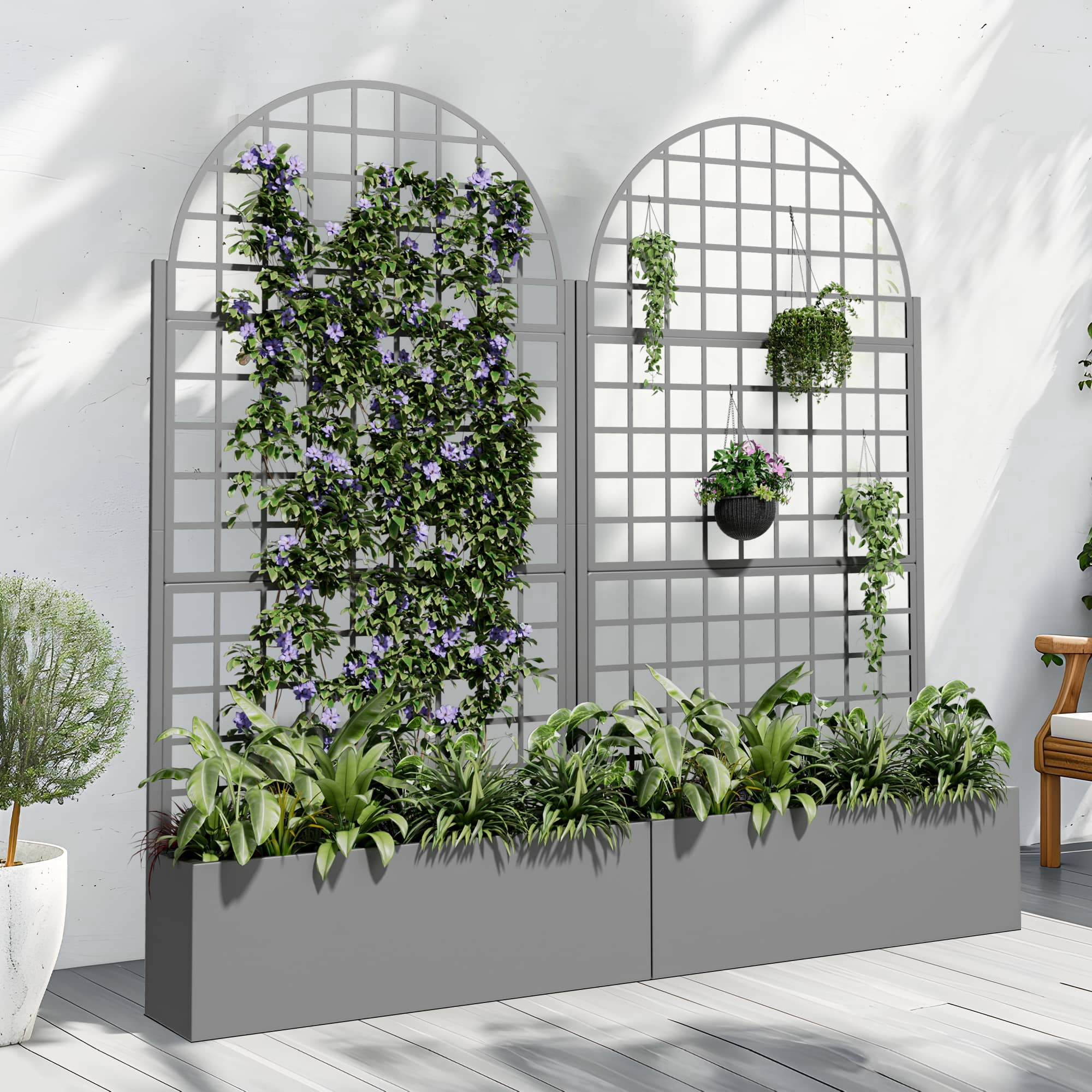 MAYEERTY 71" x 35" Metal Raised Garden Bed with Trellis Planter Box for Climbing Plants, Gray