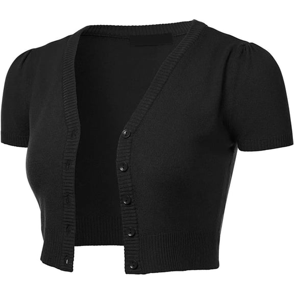 BODOAO Women's Cropped Bolero Cardigan Short Sleeve V-Neck Basic Classic Casual Button Down Knit Soft Sweater Top Women's Short Sleeve Cropped Button Down Cardigan Sweater Solid Color Snap Top Black L