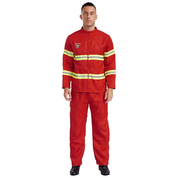 Mufeng Mens Firefighter Dress Up Costume 4-piece Suit Long Sleeve Jacket with Pants and Belt Helmet Red 160
