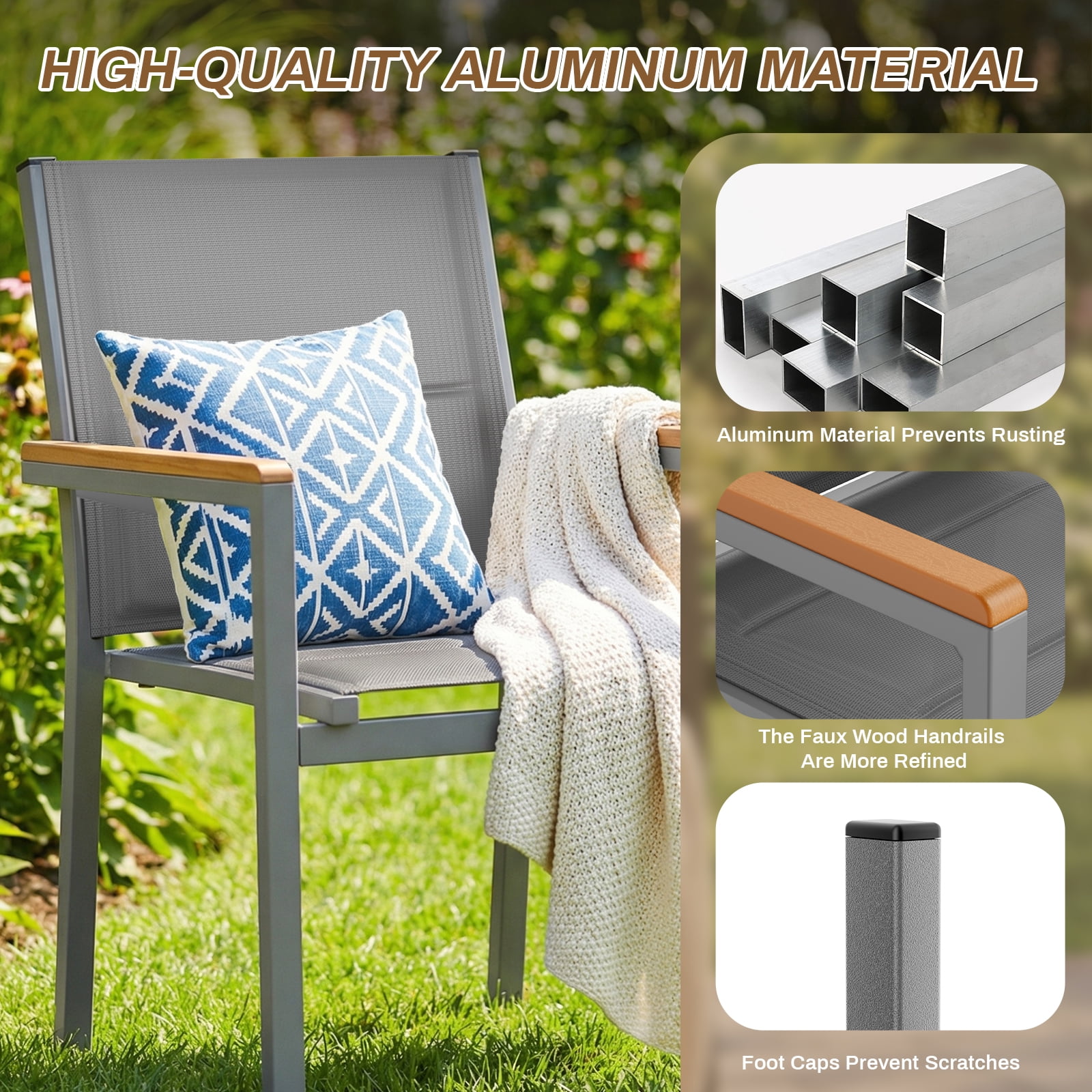 LIFERUN Patio Chairs Set of 4, Stackable Aluminum Outdoor Chair with Quilted Textilene & WPC Handrail, 17" Seat Height, All Weather Chair for Patio, Balcony, Poolside & Restaurants, Gray