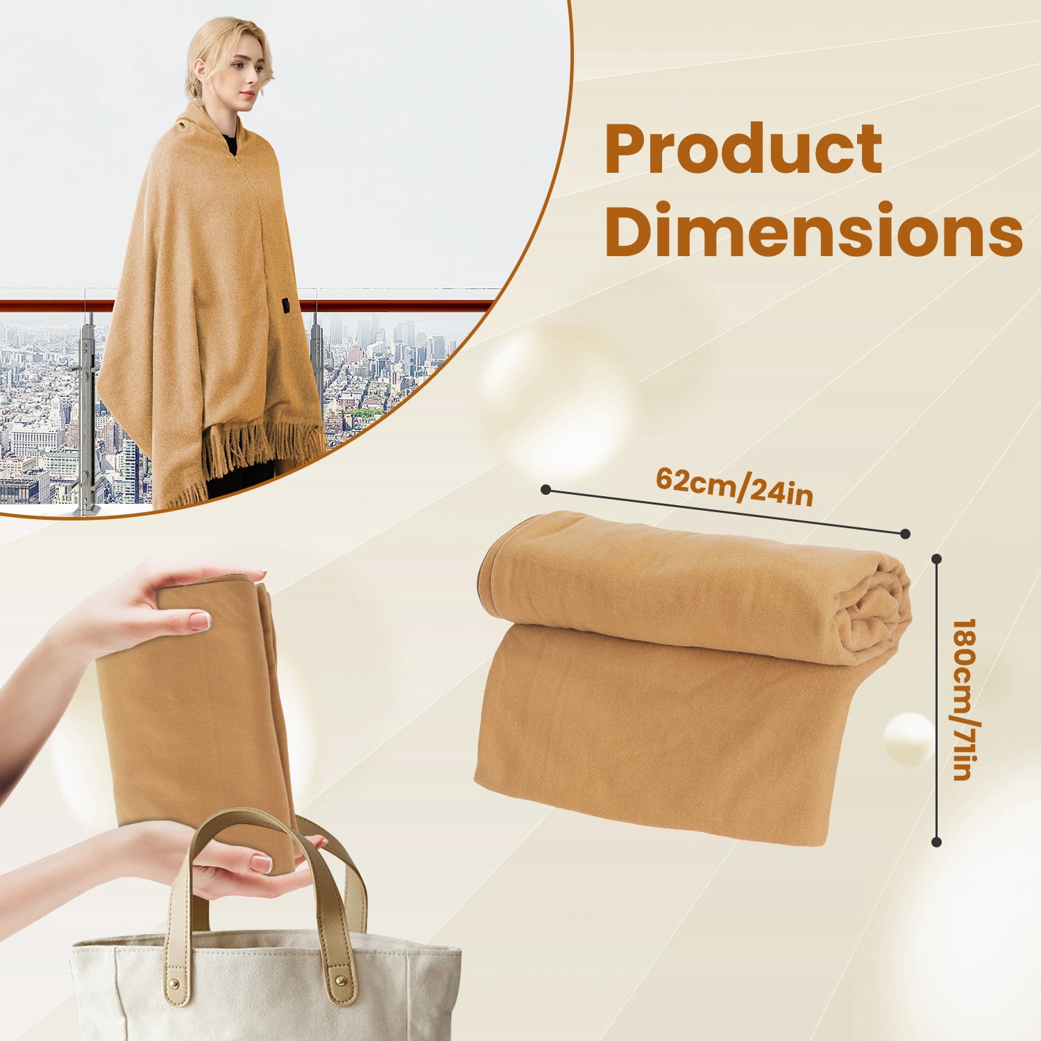 71"x24" Electric Heated Throw Blanket Portable USB Heated Shawl Wearable Heating Blanket with Zipper 3 Heating Levels Machine Washable Brown