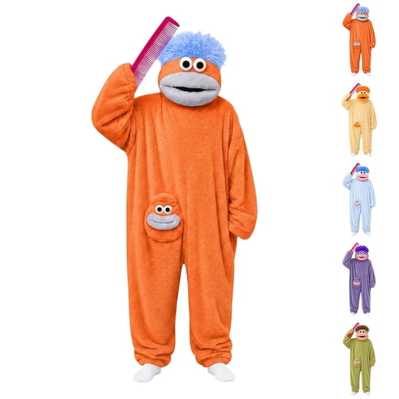 Funny Big Mouth Monster Onesie with Large Comb Prop,Orange Silly Puppet Cosplay One Piece Pajamas, Warm Home Loungewear, Oversized Fleece Sleepwear for Parent & Little One