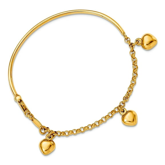 14k Yellow Gold Fancy Lobster Closure Polished Dangle Love Heart Bracelet 6mm Wide Link Bracelet for Women