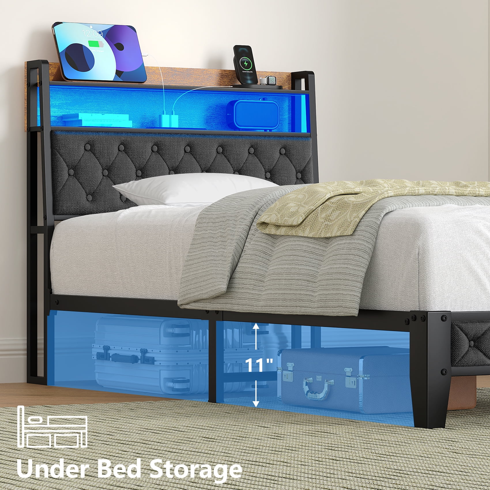 Frmobepts Twin Bed Frame with LED Light, Power Outlets & USB Charging Port, Upholstered Headboard with Storage, Metal Platform Bed, Gray