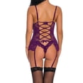 thumbnail image 3 of DIYOO Women Lace Mesh Bodysuit Sleepwear T-back Thong Underwear, Purple, M, 3 of 8