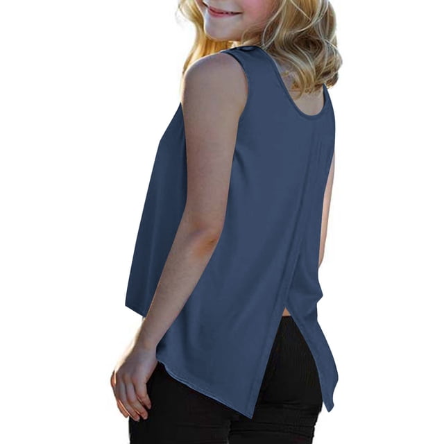 Timegard Girls Clothes Toddler Round Neck Tank Top Back Split Loose Comfy Children Solid Color Summer