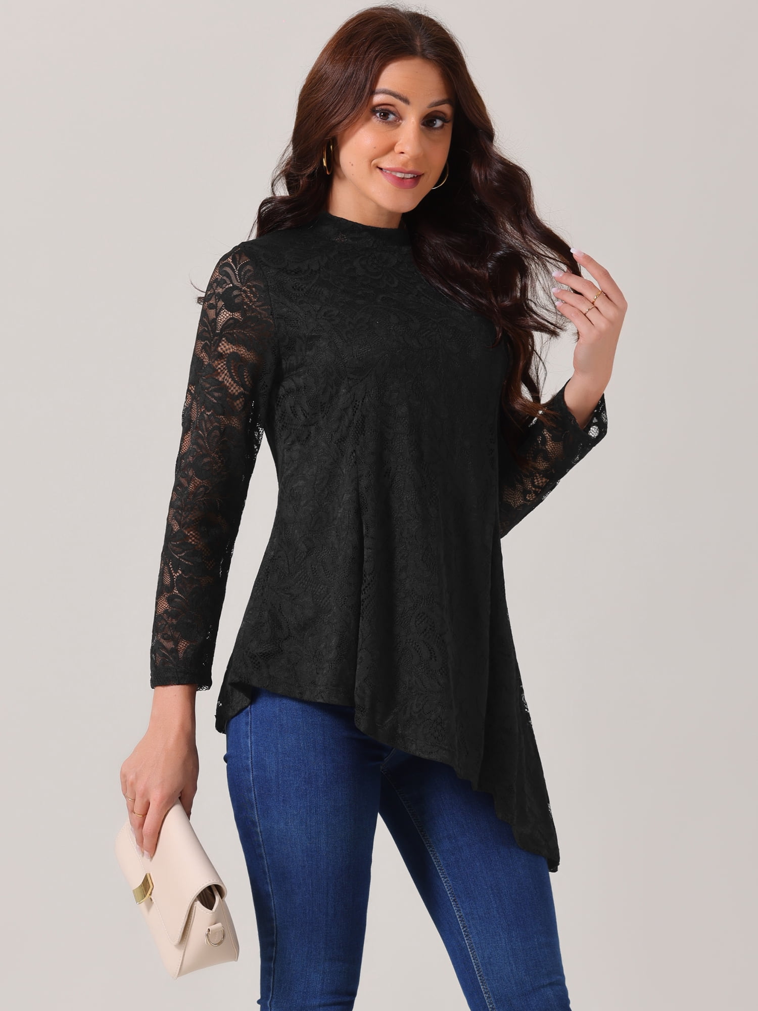 DARING DIVA Women's Long Sleeve Mock Neck Asymmetric Hem Blouses M Black