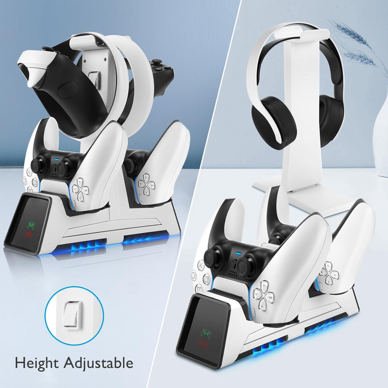 3 in 1 Controller Charging Station for PS VR2 / PS5 / PS5 Edge with 5V/3A Adapter & Led Light, Wireless Controller Charger Dock for Playstation 5, Charging Stand with VR2 Headset Holder