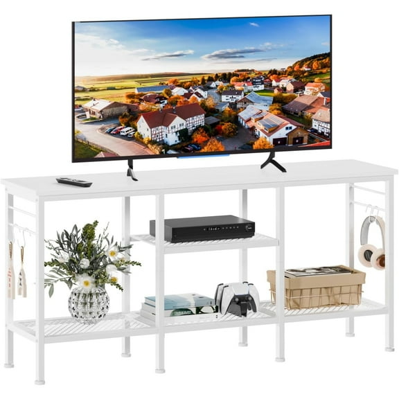 TV Stand for TVs up to 55 Inch, Entertainment Center with Open Storage Shelves, Media Console Table with Soundbar Shelf for Living Room, Bedroom, White