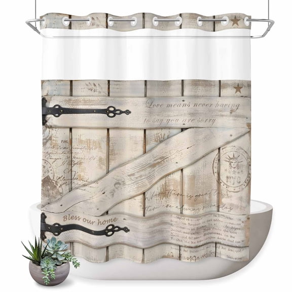 No Hook Shower Curtain, Vintage Wood Grain Shower Curtains for Bathroom with See Through Top Window, Farmhouse Country Door Retro Waterproof & Washable Bath Curtain 66"x72"
