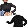 thumbnail image 1 of Blusa ajustada de malla con cuello alto y manga larga con encaje floral transparente para mujer, 1 of 8