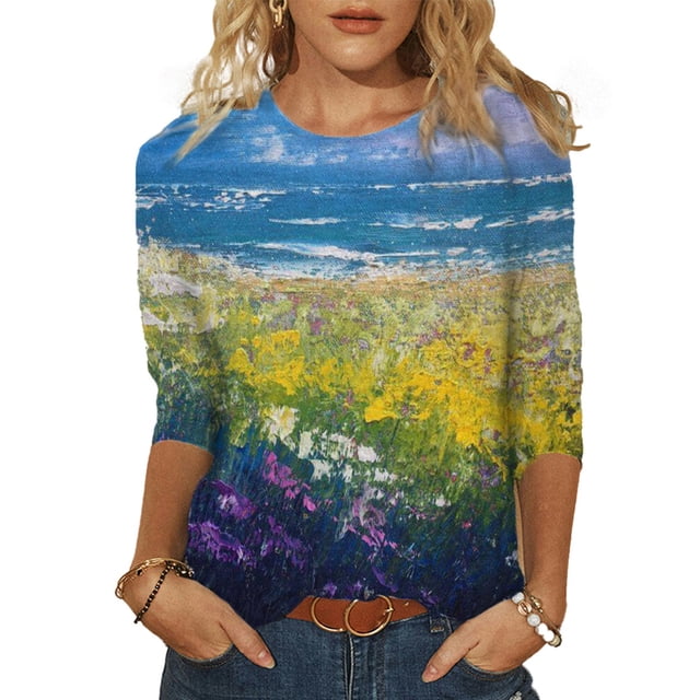 Blouses pour Femmes Mode Été 2023 Mode Imprimée Manches Mi-Longues Col Rond Tee-Shirt Décontracté Blouses Femmes Été en Liquidation