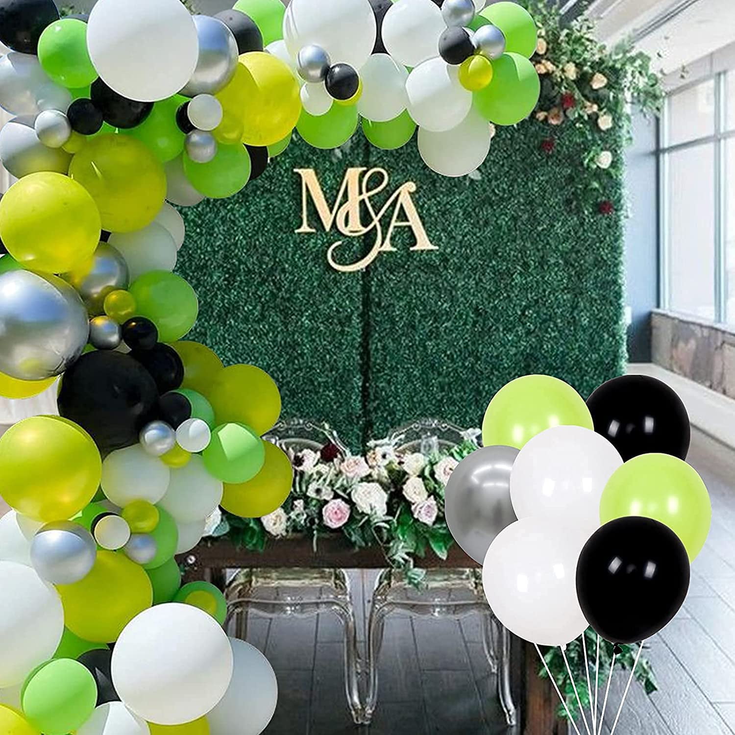 Balloon Garland Kit Green Silver Black, 130pcs Green and White Balloon