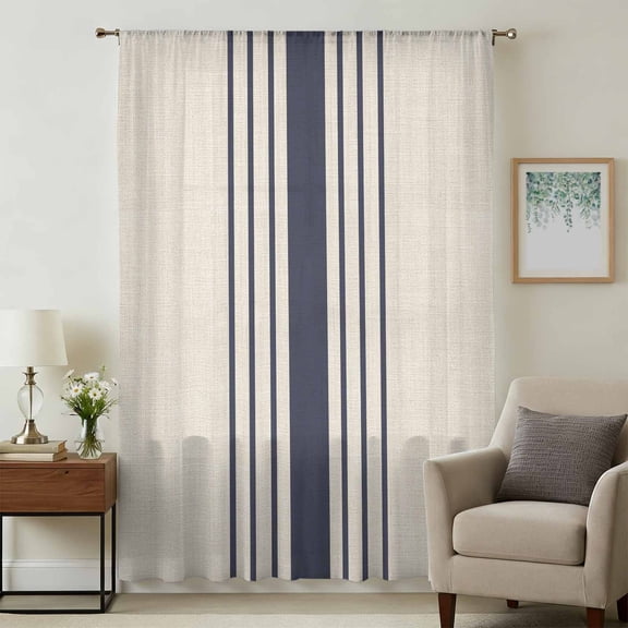 Midnight Blue Striped Sheer Curtains 54 Inches Long, Beige Geometric Modern Art Light Filering Curtains, Breathable Simi Curtain Privacy Drapes for Kitchen Bathroom Lightweight Small Window Treatment