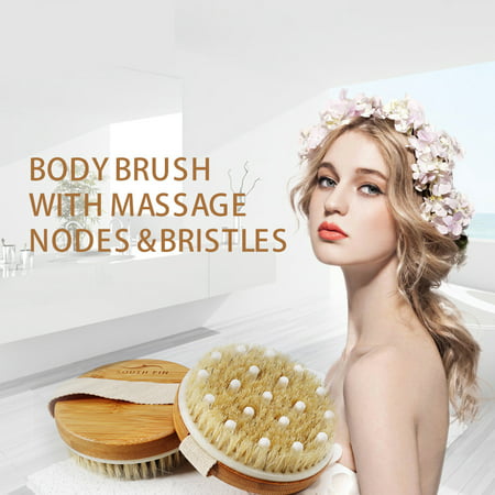 Dry Brushing Body Brush Best for Dry / Wet Skin exfoliating Bath Shower Scrub Cellulite Treatment with Massage Nodes Natural Boar Bristles Improves Lymphatic (Best Treatment For Loose Skin On Stomach)