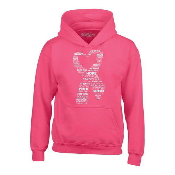 Shop4Ever Men's White Ribbon Heart Montage Cloud Breast Cancer Hooded Sweatshirt Hoodie Small Heliconia Pink