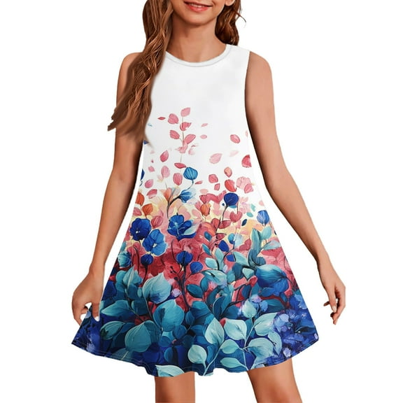 TQWQT Girls Blue Dresses Summer Sleeveless Floral Print Dress Size 10-12 Kids Crew Neck School Dress Cute Girls Sundress Tween Girls Clothes Blue 130